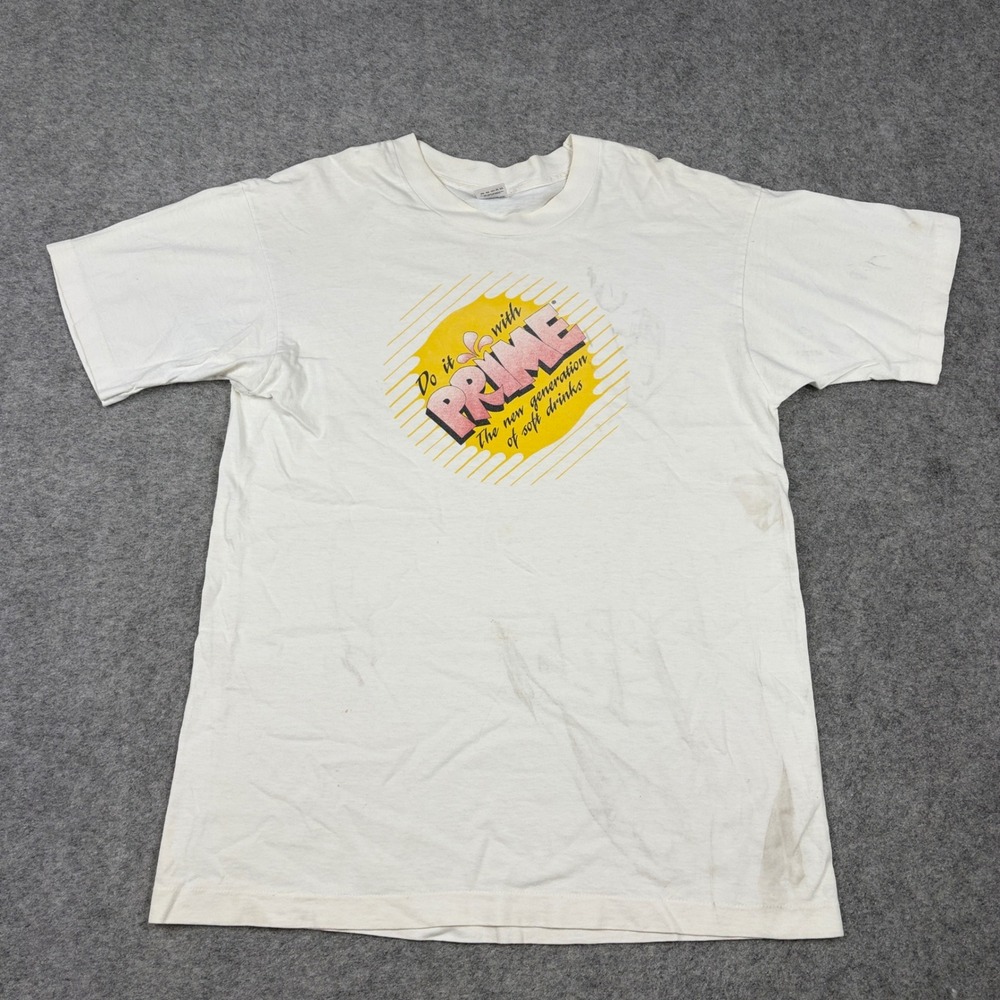 Prime Soft Drink T Shirt Mens L Vintage 90s Promo White Graphic Rare Unique Logo